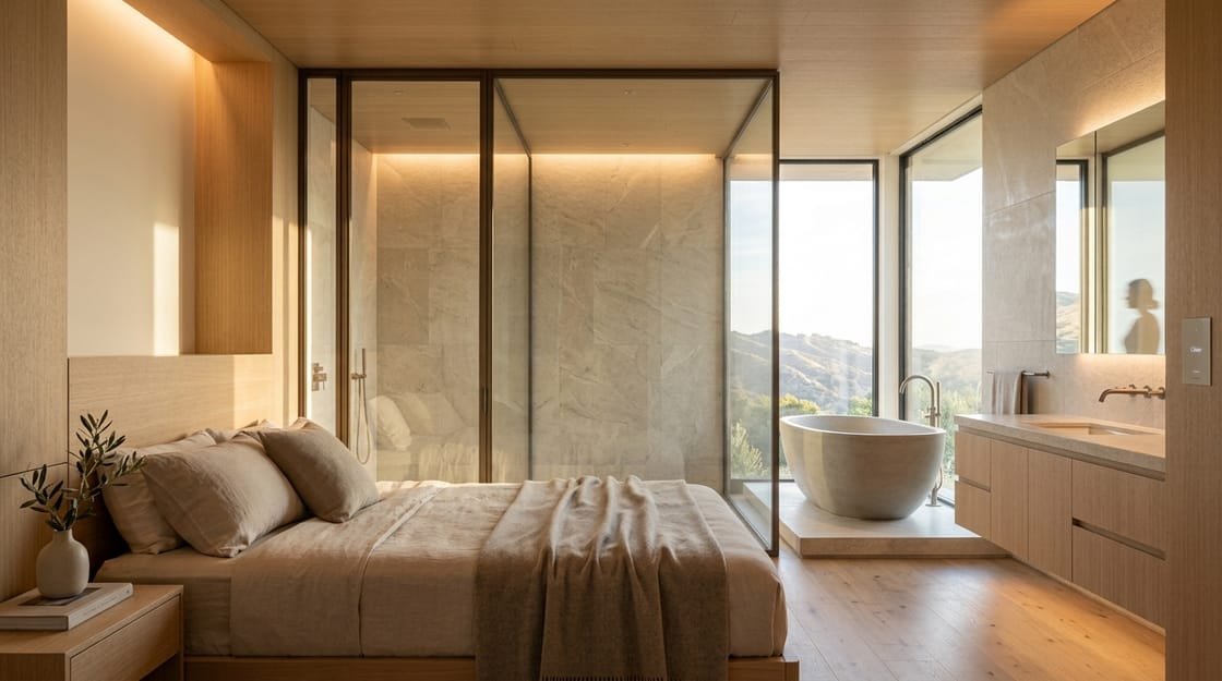 Bathroom glass in the clear state before the smart privacy film is activated