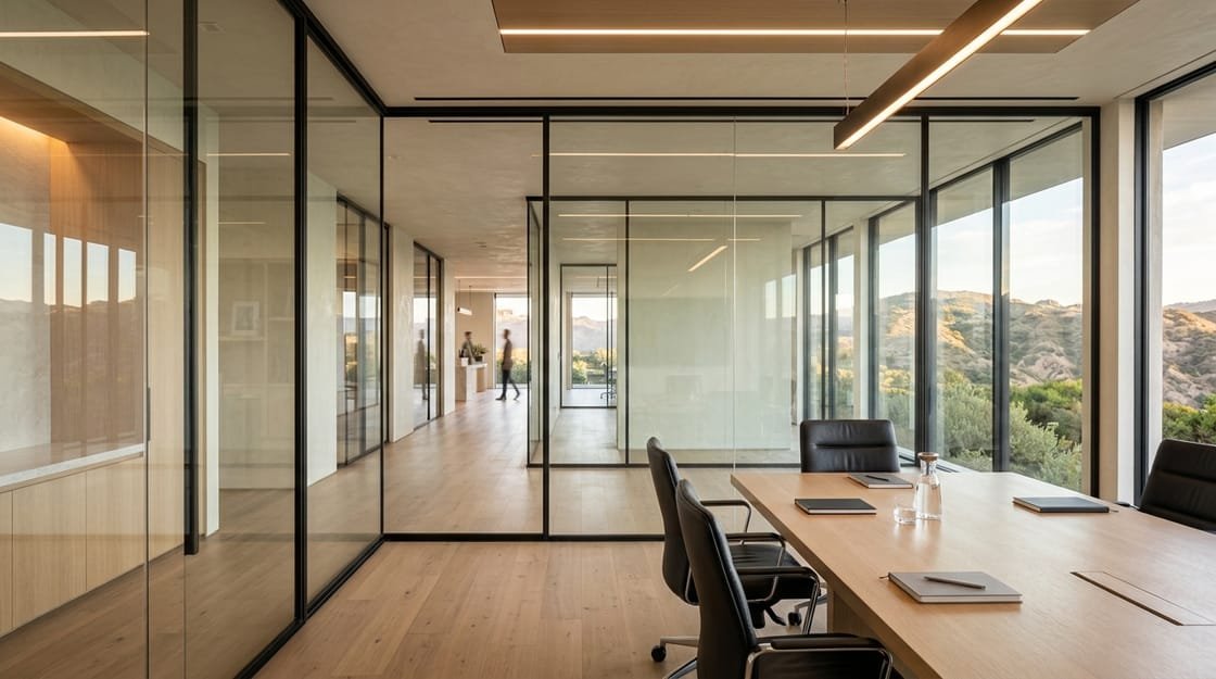 Glass-walled conference room in the clear state before the smart film is switched on