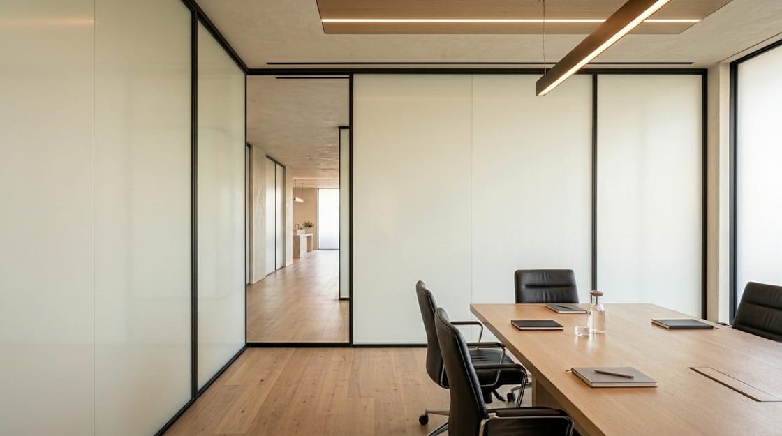 The same conference room glass frosted with switchable smart film
