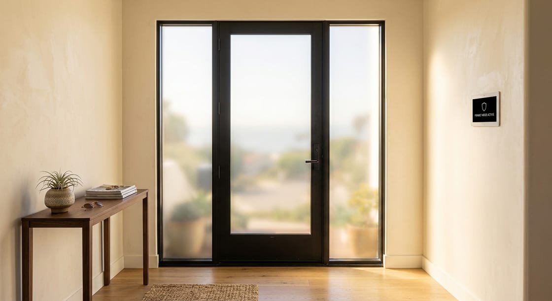 The same entry door with switchable smart film frosted for privacy