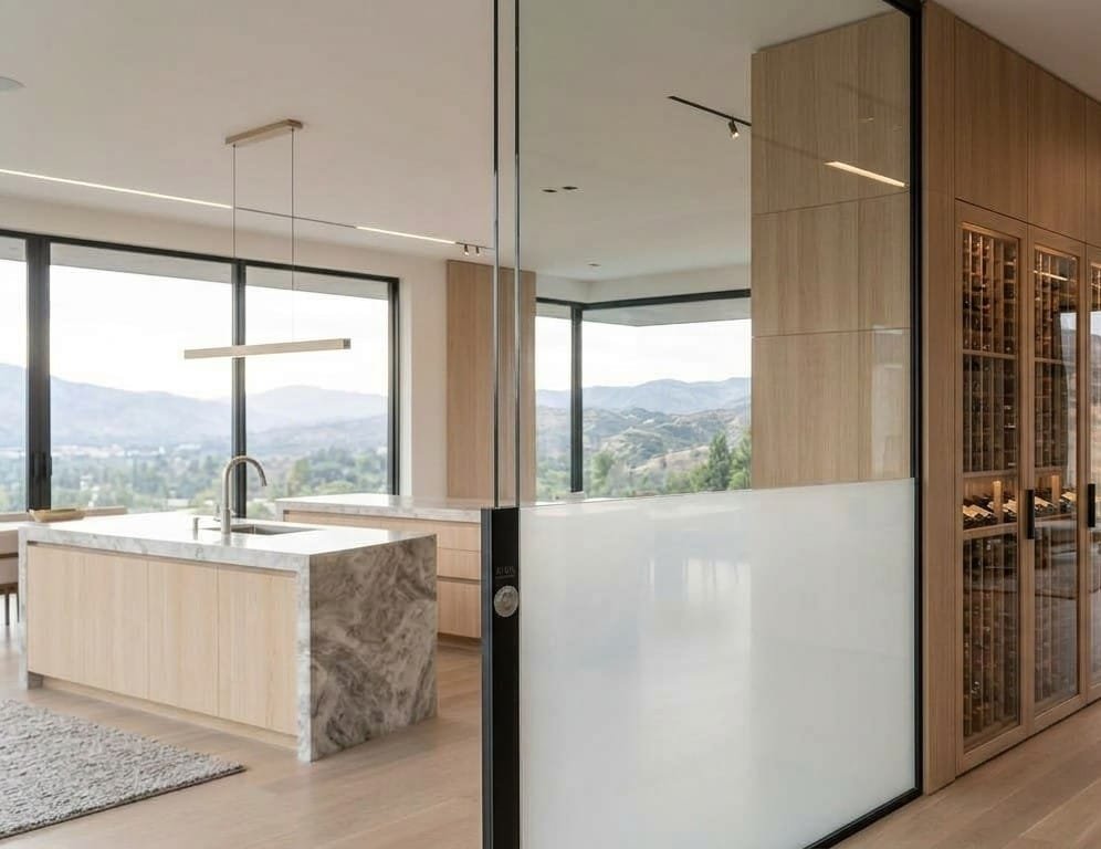Glass partition beside a kitchen with a frosted smart film band across its lower half